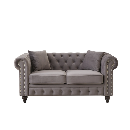 FX 63.5' modern design chesterfield sofa, velvet sofa button design living room sectional sofa, button tufted with nail design arms with 2 pillows, upholstered fabric and wood legs Default -DTYStore