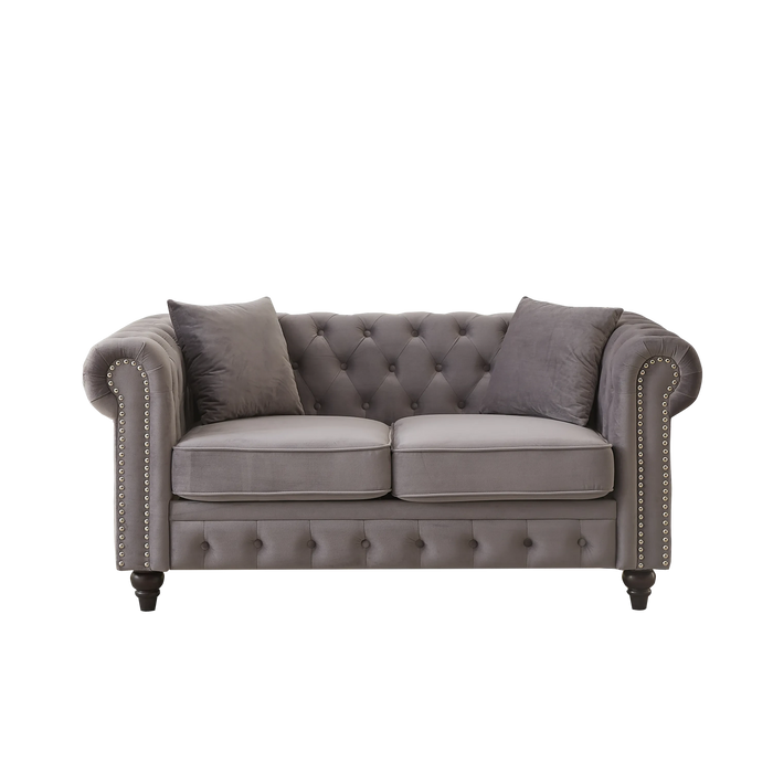 FX 63.5' modern design chesterfield sofa, velvet sofa button design living room sectional sofa, button tufted with nail design arms with 2 pillows, upholstered fabric and wood legs Default -DTYStore