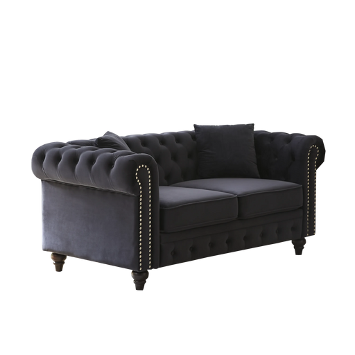 FX 63.5' modern design chesterfield sofa, velvet sofa button design living room sectional sofa, button tufted with nail design arms with 2 pillows, upholstered fabric and wood legs Default -DTYStore