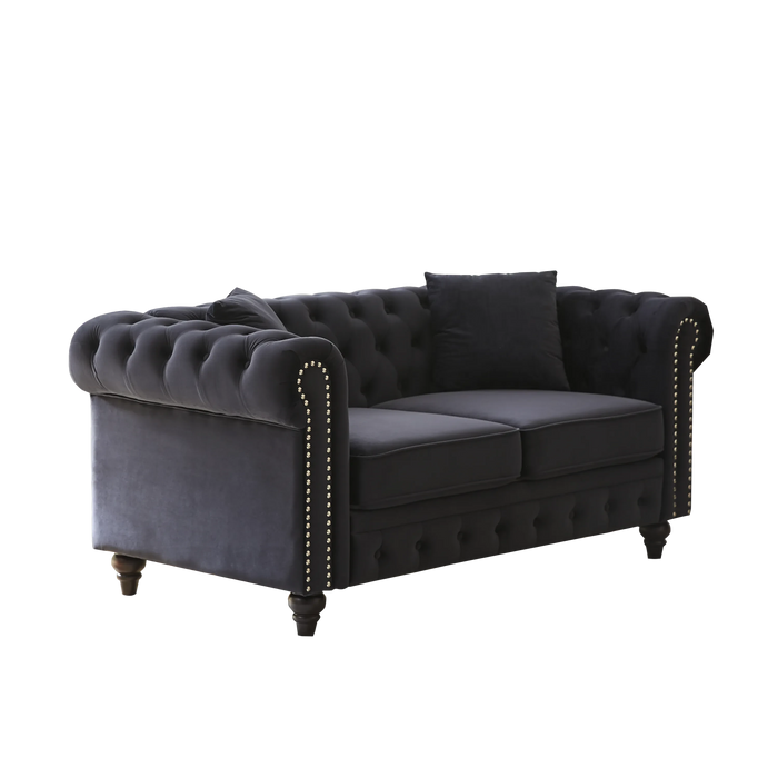 FX 63.5' modern design chesterfield sofa, velvet sofa button design living room sectional sofa, button tufted with nail design arms with 2 pillows, upholstered fabric and wood legs Default -DTYStore