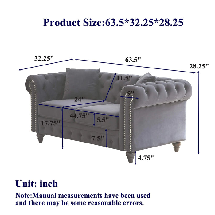 FX 63.5' modern design chesterfield sofa, velvet sofa button design living room sectional sofa, button tufted with nail design arms with 2 pillows, upholstered fabric and wood legs Default -DTYStore