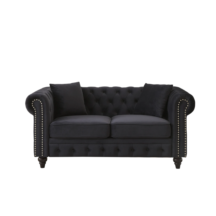 FX 63.5' modern design chesterfield sofa, velvet sofa button design living room sectional sofa, button tufted with nail design arms with 2 pillows, upholstered fabric and wood legs Default -DTYStore