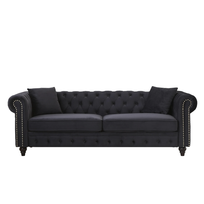 FX 85.5'Living Room with velvet Chesterfield Sofa with Rolled Arms 3 Seater Sofa with Button Design and 2 Cushions for Apartment, Office, Living Room Default -DTYStore