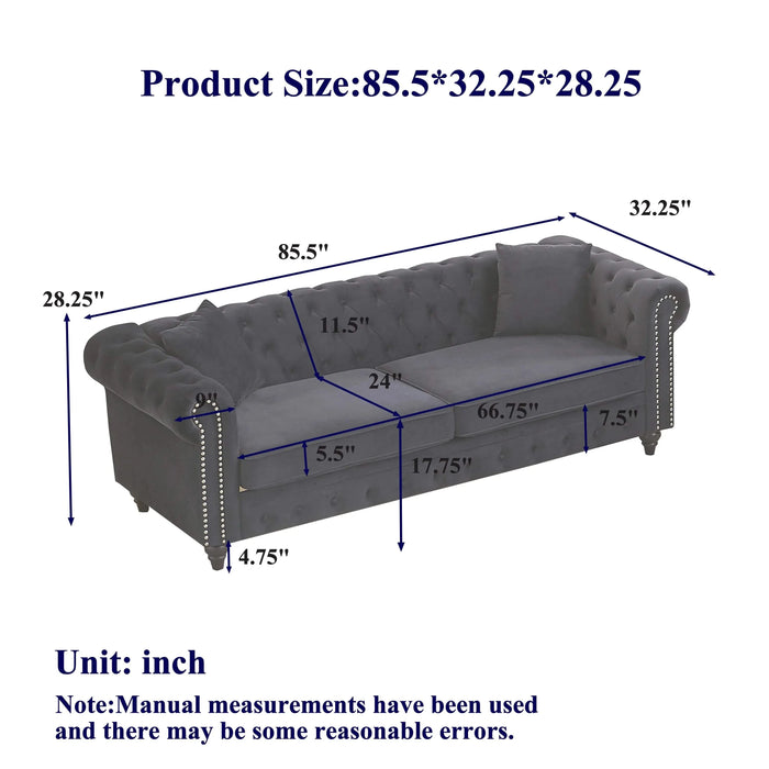 FX 85.5'Living Room with velvet Chesterfield Sofa with Rolled Arms 3 Seater Sofa with Button Design and 2 Cushions for Apartment, Office, Living Room Default -DTYStore