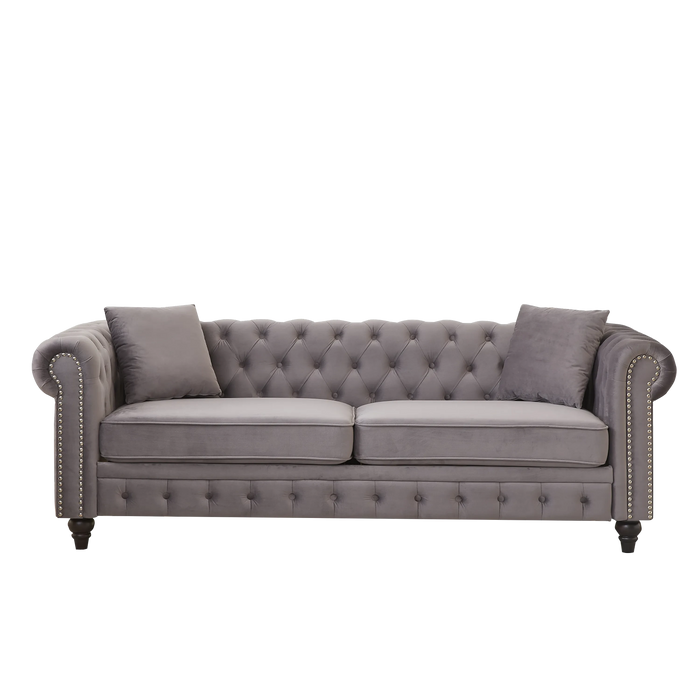 FX 85.5'Living Room with velvet Chesterfield Sofa with Rolled Arms 3 Seater Sofa with Button Design and 2 Cushions for Apartment, Office, Living Room Default -DTYStore