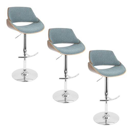 Fabrizzi Mid-Century Modern Adjustable Barstool with Swivel in Chrome Metal, Walnut Wood and Blue Fabric with Rounded T Footrest by LumiSource - Set of 3 Default -DTYStore