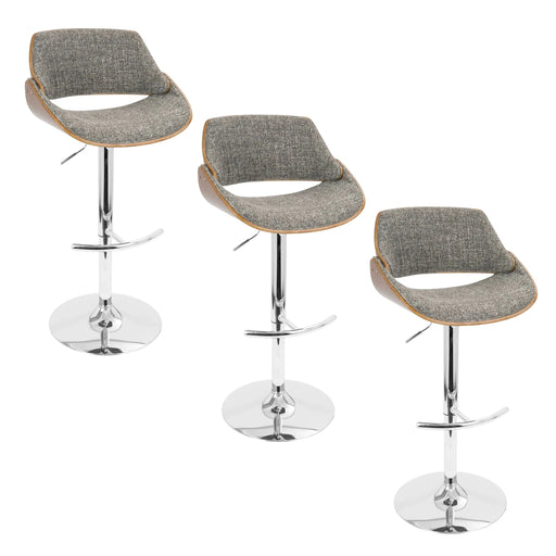 Fabrizzi Mid-Century Modern Adjustable Barstool with Swivel in Chrome Metal, Walnut Wood and Grey Noise Fabric with Rounded T Footrest by LumiSource - Set of 3 Default -DTYStore