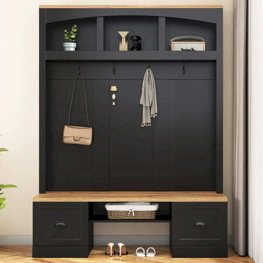 Farmhouse 4-in-1 Hall Tree with Wood Grain Bench and Top, Multifunctional Coat Rack with Black Hooks and Shell Handles, Mudroom Bench with Adjustable Shelves for Hallway, Living Room, Black, 55.1W Default -DTYStore