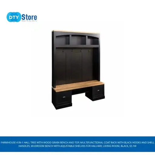 Farmhouse 4-in-1 Hall Tree with Wood Grain Bench and Top, Multifunctional Coat Rack with Black Hooks and Shell Handles, Mudroom Bench with Adjustable Shelves for Hallway, Living Room, Black, 55.1W Default -DTYStore