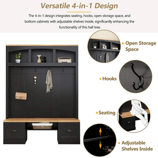 Farmhouse 4-in-1 Hall Tree with Wood Grain Bench and Top, Multifunctional Coat Rack with Black Hooks and Shell Handles, Mudroom Bench with Adjustable Shelves for Hallway, Living Room, Black, 55.1W Default -DTYStore