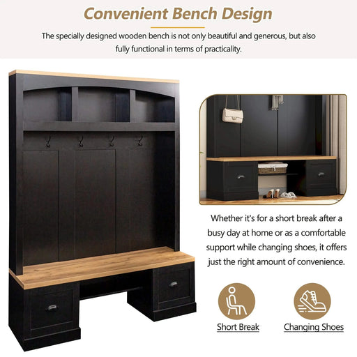 Farmhouse 4-in-1 Hall Tree with Wood Grain Bench and Top, Multifunctional Coat Rack with Black Hooks and Shell Handles, Mudroom Bench with Adjustable Shelves for Hallway, Living Room, Black, 55.1W Default -DTYStore