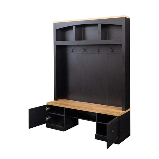 Farmhouse 4-in-1 Hall Tree with Wood Grain Bench and Top, Multifunctional Coat Rack with Black Hooks and Shell Handles, Mudroom Bench with Adjustable Shelves for Hallway, Living Room, Black, 55.1W Default -DTYStore