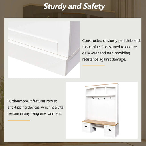 Farmhouse 4-in-1 Hall Tree with Wood Grain Bench and Top, Multifunctional Coat Rack with Black Hooks and Shell Handles, Mudroom Bench with Adjustable Shelves for Hallway, Living Room, White, 55.1W Default -DTYStore