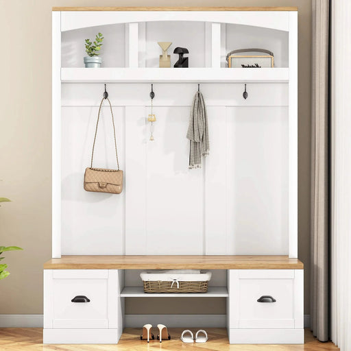 Farmhouse 4-in-1 Hall Tree with Wood Grain Bench and Top, Multifunctional Coat Rack with Black Hooks and Shell Handles, Mudroom Bench with Adjustable Shelves for Hallway, Living Room, White, 55.1W Default -DTYStore