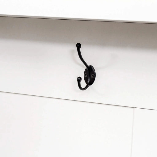 Farmhouse 4-in-1 Hall Tree with Wood Grain Bench and Top, Multifunctional Coat Rack with Black Hooks and Shell Handles, Mudroom Bench with Adjustable Shelves for Hallway, Living Room, White, 55.1W Default -DTYStore