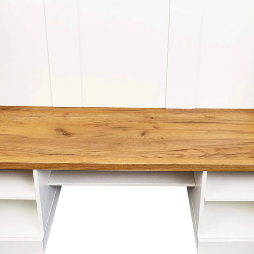 Farmhouse 4-in-1 Hall Tree with Wood Grain Bench and Top, Multifunctional Coat Rack with Black Hooks and Shell Handles, Mudroom Bench with Adjustable Shelves for Hallway, Living Room, White, 55.1W Default -DTYStore