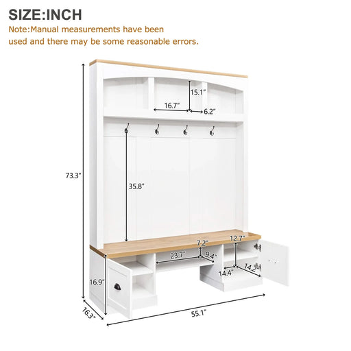 Farmhouse 4-in-1 Hall Tree with Wood Grain Bench and Top, Multifunctional Coat Rack with Black Hooks and Shell Handles, Mudroom Bench with Adjustable Shelves for Hallway, Living Room, White, 55.1W Default -DTYStore