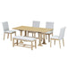 Farmhouse 76inch 6-Piece Extendable Dining Table Set with Trestle Base, Upholstered Chairs & Bench, Natural Wood and Light Gray Fabric Default -DTYStore