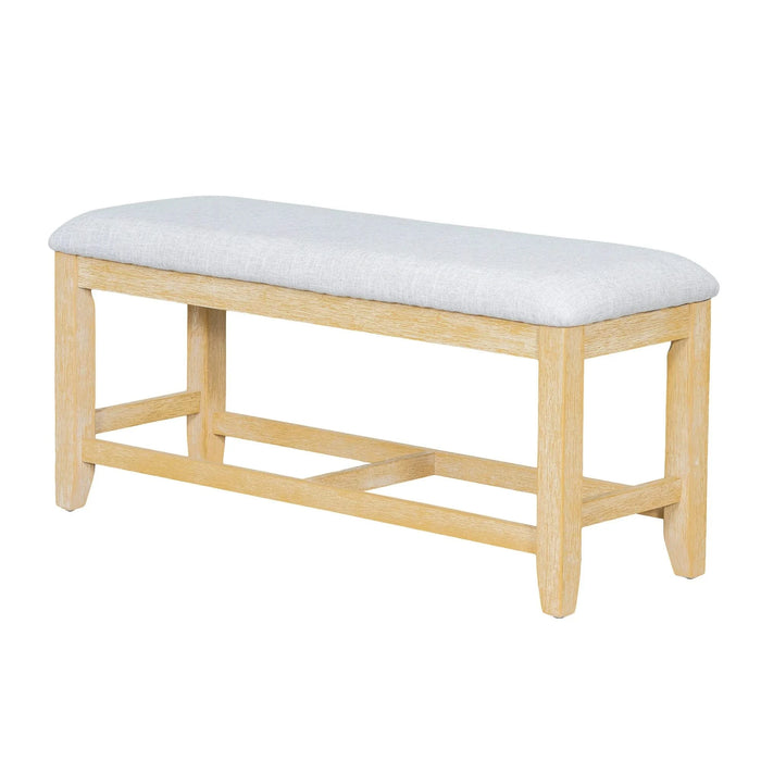 Farmhouse 76inch 6-Piece Extendable Dining Table Set with Trestle Base, Upholstered Chairs & Bench, Natural Wood and Light Gray Fabric Default -DTYStore