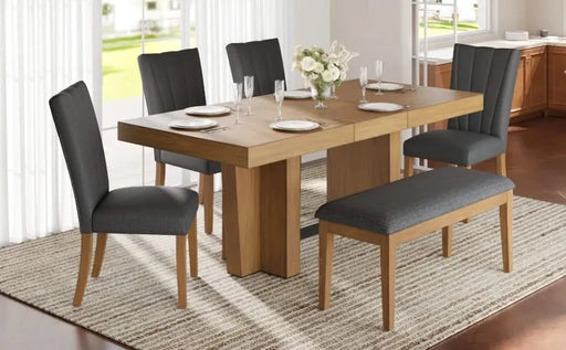 Farmhouse 78.1inch Extendable Wood Dining Table Set for 6, Kitchen Table Set with Bench and 4 Upholstered Chairs,3.8inch Thick Tabletop and Trestle Legs for Kitchen, Dining Room, Gray Default -DTYStore