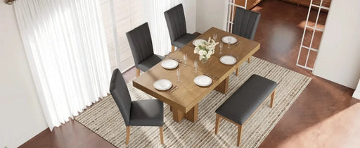 Farmhouse 78.1inch Extendable Wood Dining Table Set for 6, Kitchen Table Set with Bench and 4 Upholstered Chairs,3.8inch Thick Tabletop and Trestle Legs for Kitchen, Dining Room, Gray Default -DTYStore