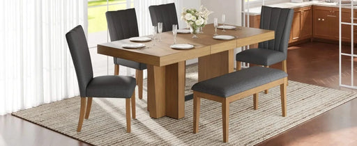 Farmhouse 78.1inch Extendable Wood Dining Table Set for 6, Kitchen Table Set with Bench and 4 Upholstered Chairs,3.8inch Thick Tabletop and Trestle Legs for Kitchen, Dining Room, Gray Default -DTYStore