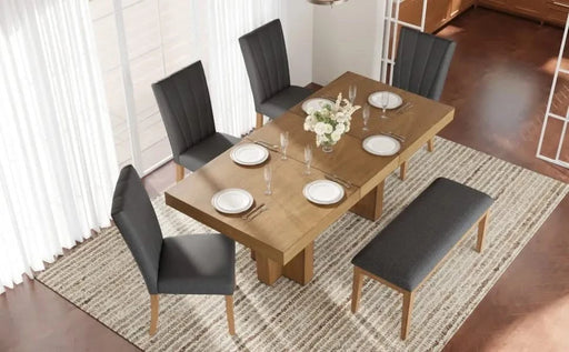 Farmhouse 78.1inch Extendable Wood Dining Table Set for 6, Kitchen Table Set with Bench and 4 Upholstered Chairs,3.8inch Thick Tabletop and Trestle Legs for Kitchen, Dining Room, Gray Default -DTYStore