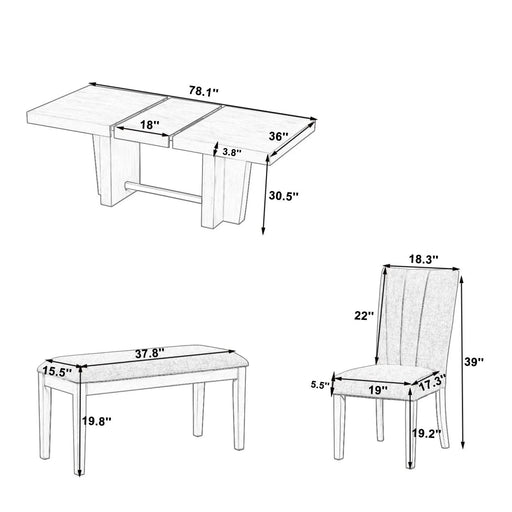 Farmhouse 78.1inch Extendable Wood Dining Table Set for 6, Kitchen Table Set with Bench and 4 Upholstered Chairs,3.8inch Thick Tabletop and Trestle Legs for Kitchen, Dining Room, Gray Default -DTYStore