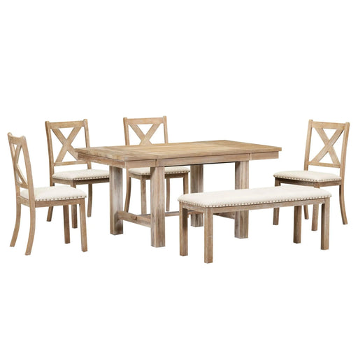 Farmhouse 82inch 6-Piece Extendable Dining Table with Footrest, 4 Upholstered Dining Chairs and Dining Bench, Two 11'Removable Leaf, Natural+Beige Cushion (old sku: SP000023AAN) Default -DTYStore
