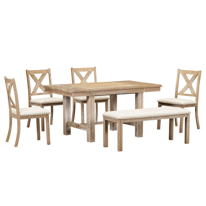Farmhouse 82inch 6-Piece Extendable Dining Table with Footrest, 4 Upholstered Dining Chairs and Dining Bench, Two 11'Removable Leaf, Natural+Beige Cushion (old sku: SP000023AAN) Default -DTYStore