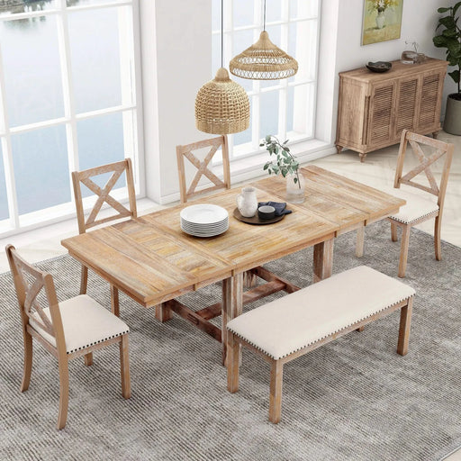 Farmhouse 82inch 6-Piece Extendable Dining Table with Footrest, 4 Upholstered Dining Chairs and Dining Bench, Two 11'Removable Leaf, Natural+Beige Cushion (old sku: SP000023AAN) Default -DTYStore