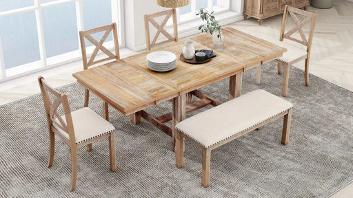 Farmhouse 82inch 6-Piece Extendable Dining Table with Footrest, 4 Upholstered Dining Chairs and Dining Bench, Two 11'Removable Leaf, Natural+Beige Cushion (old sku: SP000023AAN) Default -DTYStore