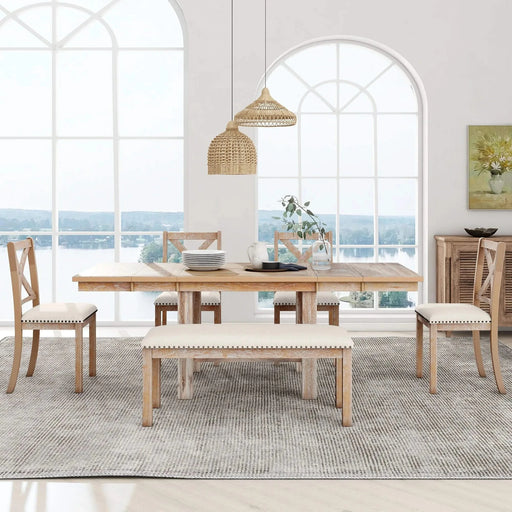 Farmhouse 82inch 6-Piece Extendable Dining Table with Footrest, 4 Upholstered Dining Chairs and Dining Bench, Two 11'Removable Leaf, Natural+Beige Cushion (old sku: SP000023AAN) Default -DTYStore
