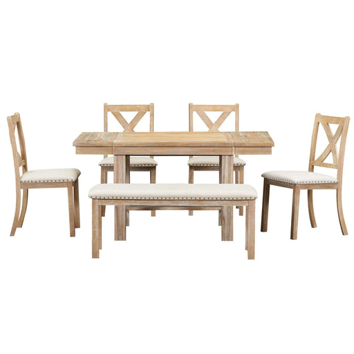 Farmhouse 82inch 6-Piece Extendable Dining Table with Footrest, 4 Upholstered Dining Chairs and Dining Bench, Two 11'Removable Leaf, Natural+Beige Cushion (old sku: SP000023AAN) Default -DTYStore
