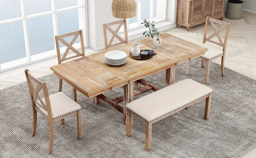 Farmhouse 82inch 6-Piece Extendable Dining Table with Footrest, 4 Upholstered Dining Chairs and Dining Bench, Two 11'Removable Leaf, Natural+Beige Cushion (old sku: SP000023AAN) Default -DTYStore