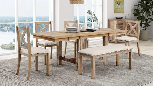Farmhouse 82inch 6-Piece Extendable Dining Table with Footrest, 4 Upholstered Dining Chairs and Dining Bench, Two 11'Removable Leaf, Natural+Beige Cushion (old sku: SP000023AAN) Default -DTYStore