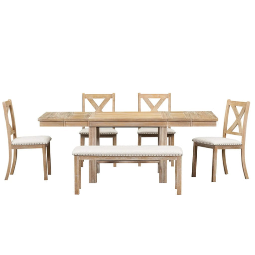 Farmhouse 82inch 6-Piece Extendable Dining Table with Footrest, 4 Upholstered Dining Chairs and Dining Bench, Two 11'Removable Leaf, Natural+Beige Cushion (old sku: SP000023AAN) Default -DTYStore