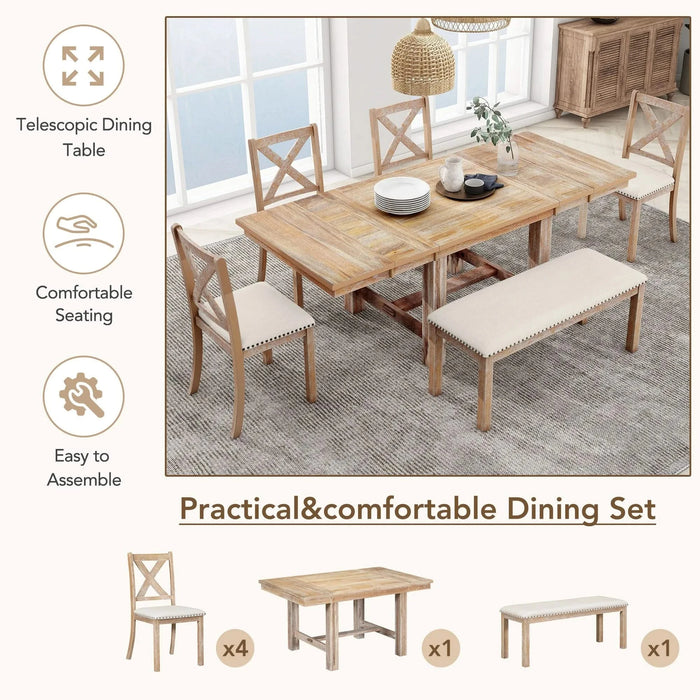 Farmhouse 82inch 6-Piece Extendable Dining Table with Footrest, 4 Upholstered Dining Chairs and Dining Bench, Two 11'Removable Leaf, Natural+Beige Cushion (old sku: SP000023AAN) Default -DTYStore