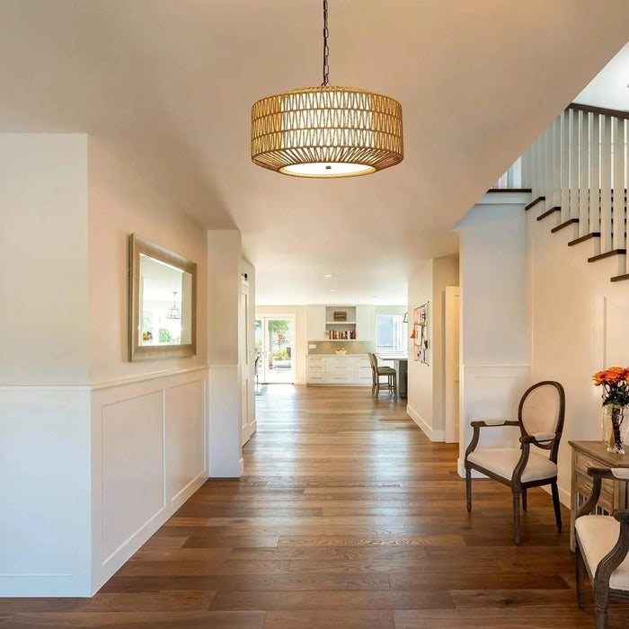 Farmhouse Chandelier Light Fixture,4-Light Rattan Boho Chandeliers for Dining Room with Fabric Shade,Hand Woven Large Rattan Dining Room Light Fixture for Kitchen Bedroom Island Hallway Default -DTYStore