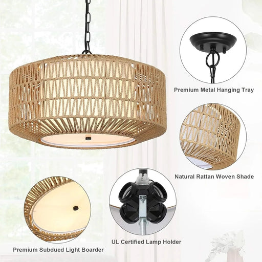 Farmhouse Chandelier Light Fixture,4-Light Rattan Boho Chandeliers for Dining Room with Fabric Shade,Hand Woven Large Rattan Dining Room Light Fixture for Kitchen Bedroom Island Hallway Default -DTYStore