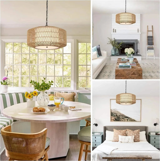 Farmhouse Chandelier Light Fixture,4-Light Rattan Boho Chandeliers for Dining Room with Fabric Shade,Hand Woven Large Rattan Dining Room Light Fixture for Kitchen Bedroom Island Hallway Default -DTYStore