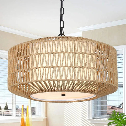 Farmhouse Chandelier Light Fixture,4-Light Rattan Boho Chandeliers for Dining Room with Fabric Shade,Hand Woven Large Rattan Dining Room Light Fixture for Kitchen Bedroom Island Hallway Default -DTYStore