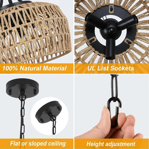 Farmhouse Chandelier for Dining Room, 3-Light Boho Rattan Chandelier Light Fixture Ceiling Hanging with Woven Lampshade, Small Wicker Coastal Pendant Light for Kitchen Bedroom Island Hallway Default -DTYStore