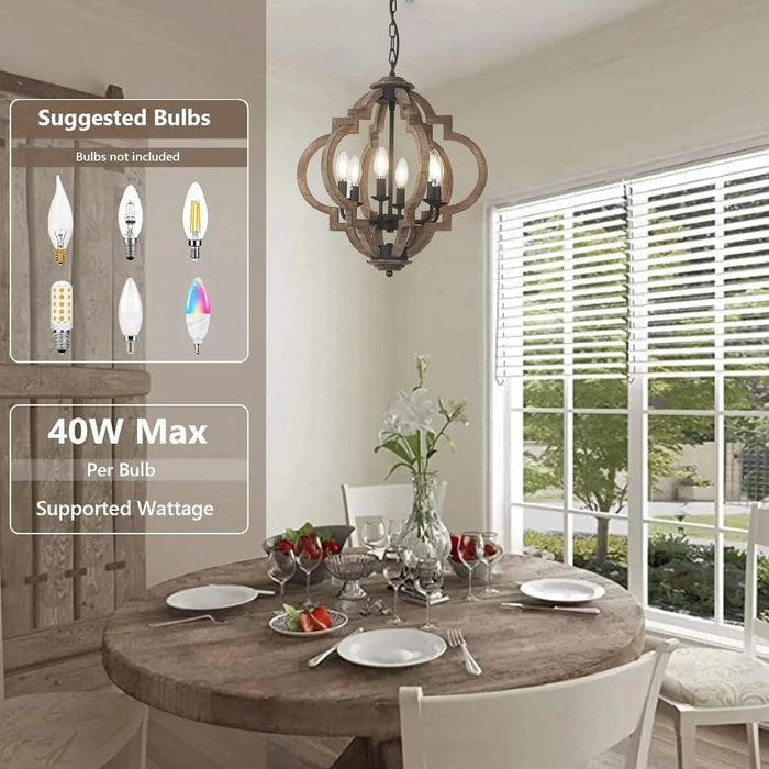 Farmhouse Chandeliers for Dining Room, 6-Light Rustic Dining Room Light Fixture Over Table, Wood Black Hanging Pendant Lights Kitchen Island, Boho Chandelier for Bedrooms Entryway Living Room Default -DTYStore