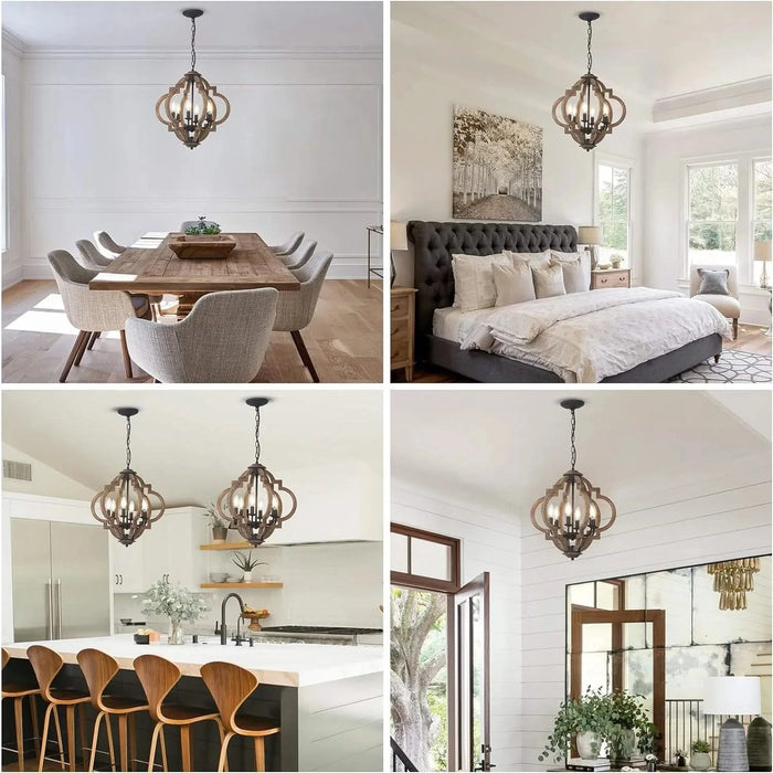 Farmhouse Chandeliers for Dining Room, 6-Light Rustic Dining Room Light Fixture Over Table, Wood Black Hanging Pendant Lights Kitchen Island, Boho Chandelier for Bedrooms Entryway Living Room Default -DTYStore
