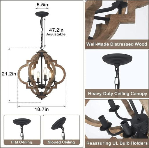 Farmhouse Chandeliers for Dining Room, 6-Light Rustic Dining Room Light Fixture Over Table, Wood Black Hanging Pendant Lights Kitchen Island, Boho Chandelier for Bedrooms Entryway Living Room Default -DTYStore