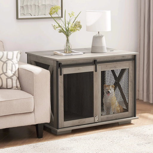 Farmhouse Dog Cage Crate Furniture with Sliding Barn Door, Farmhouse Wooden Dog Kennel End Table with Flip-top Plate Dog House with Detachable Divider for Small/Medium/Large Dog Gray Default -DTYStore