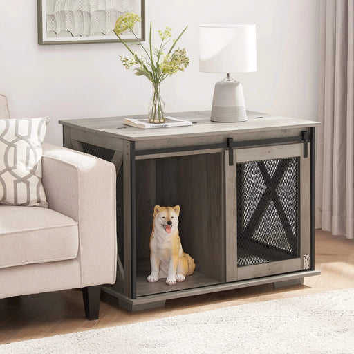 Farmhouse Dog Cage Crate Furniture with Sliding Barn Door, Farmhouse Wooden Dog Kennel End Table with Flip-top Plate Dog House with Detachable Divider for Small/Medium/Large Dog Gray Default -DTYStore