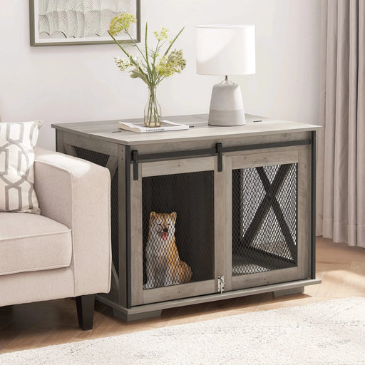Farmhouse Dog Cage Crate Furniture with Sliding Barn Door, Farmhouse Wooden Dog Kennel End Table with Flip-top Plate Dog House with Detachable Divider for Small/Medium/Large Dog Gray Default -DTYStore