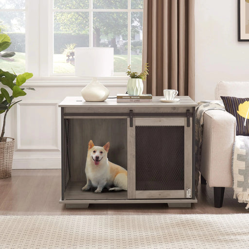 Farmhouse Dog Cage Crate Furniture with Sliding Barn Door, Farmhouse Wooden Dog Kennel End Table with Flip-top Plate Dog House with Detachable Divider for Small/Medium/Large Dog Gray Default -DTYStore